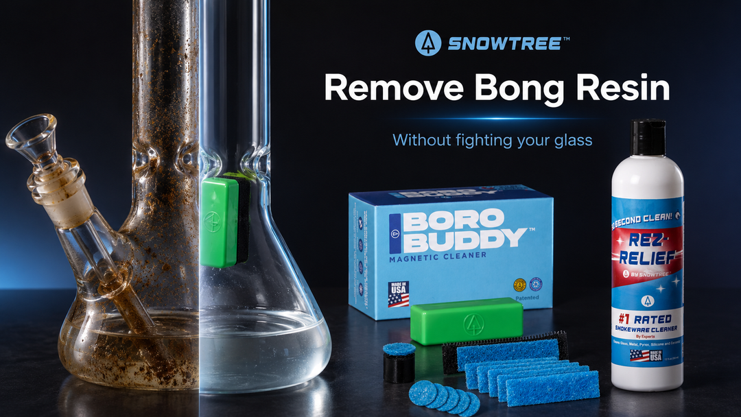 BoroBuddy magnetic cleaner and Rez Relief removing resin from a glass bong before and after cleaning