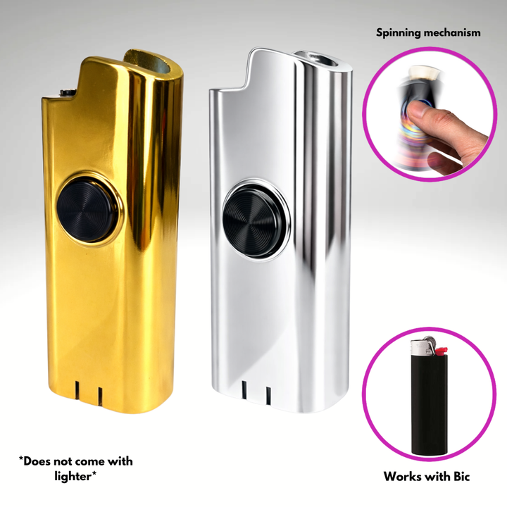 Fidget Spinning Lighter Case for Bic Lighters "Gold MMBER + SLVR Surfer" (2-Pack)