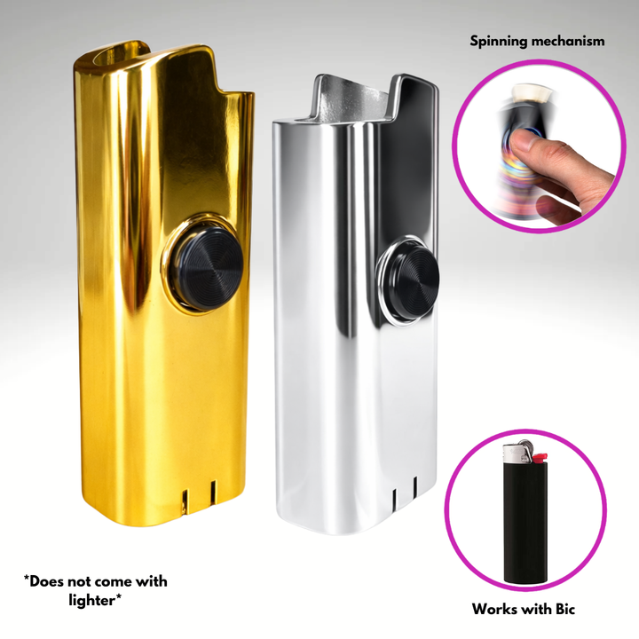 Fidget Spinning Lighter Case for Bic Lighters "Gold MMBER + SLVR Surfer" (2-Pack)