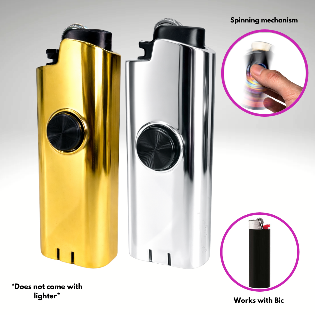 Fidget Spinning Lighter Case for Bic Lighters "Gold MMBER + SLVR Surfer" (2-Pack)