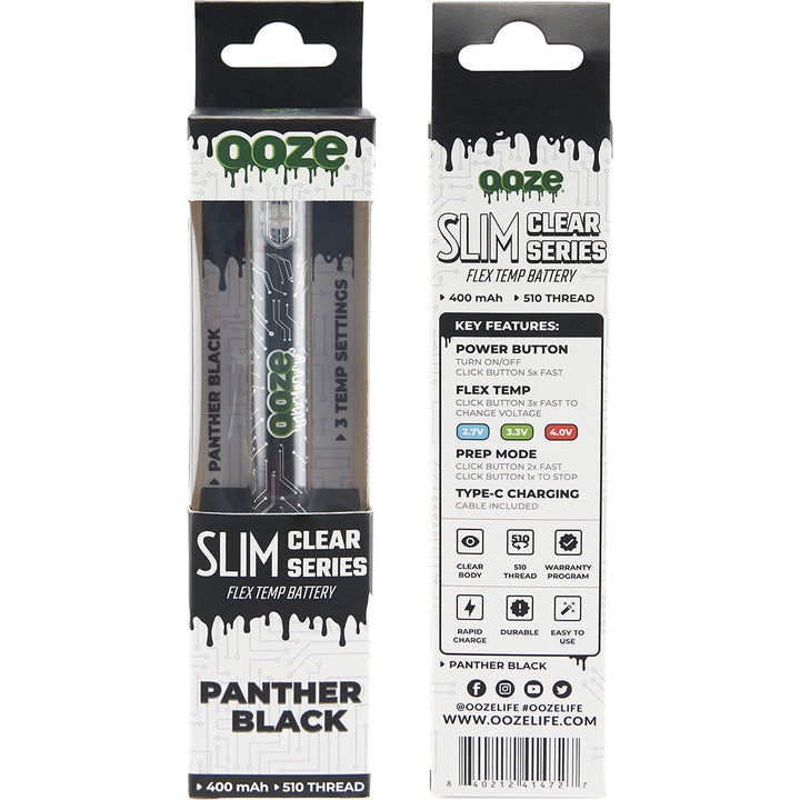 Ooze Slim Clear Pen Battery and Charger black back and front packaging