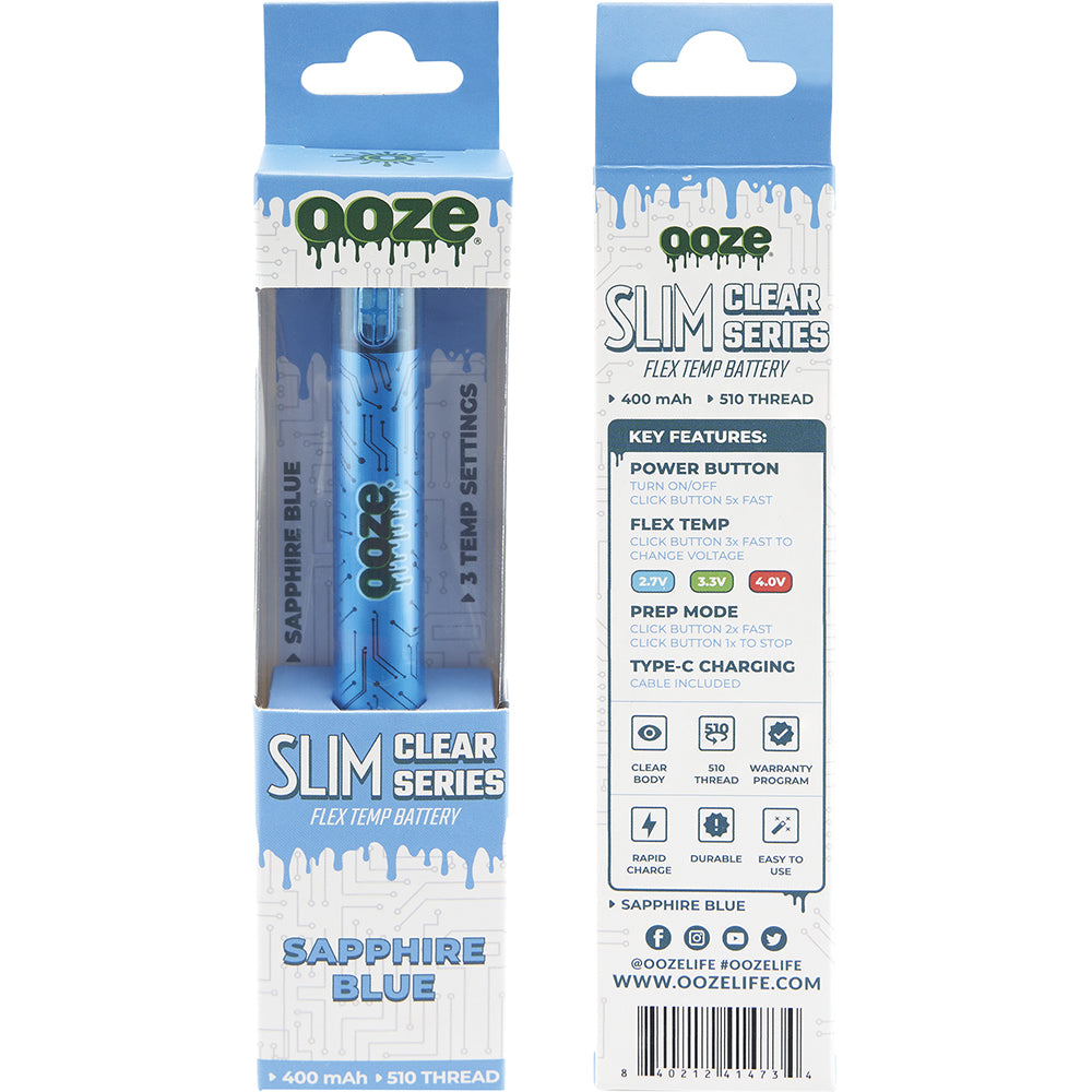 Ooze Slim Clear Pen Battery and Charger blue back and front packaging