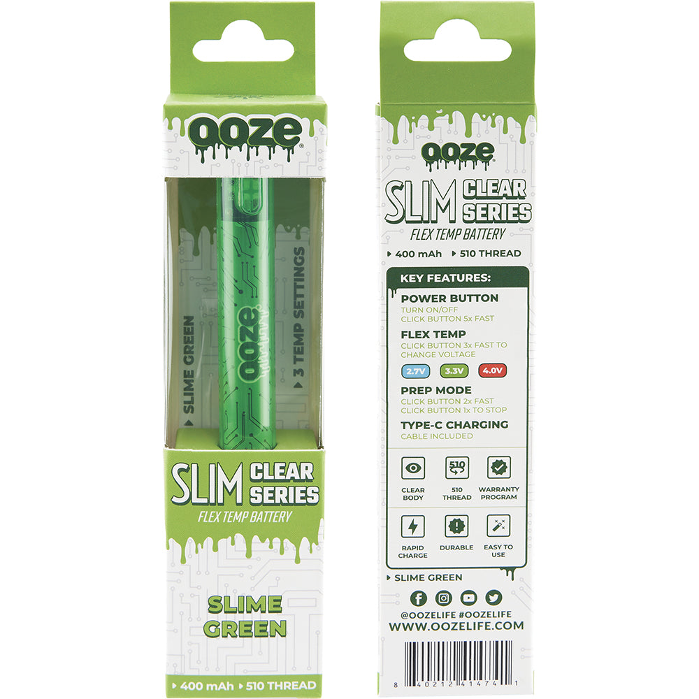 Ooze Slim Clear Pen Battery and Charger green back and front packaging