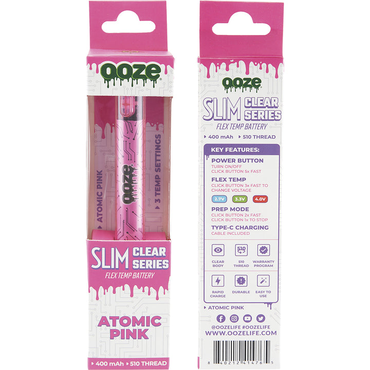 Ooze Slim Clear Pen Battery and Charger pink with back and front packaging