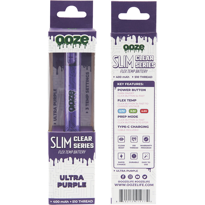 Ooze Slim Clear Pen Battery & Charger (Purple)